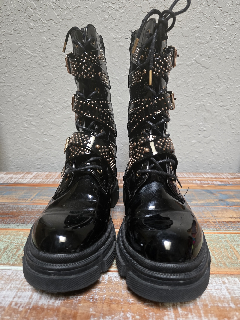 Azalea Wang Black Studded Patent Combat Boots